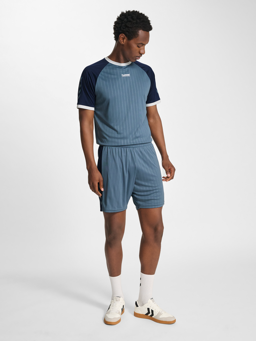 hmlPULSE STRIPE BLOCKED SHORTS, BLUE MIRAGE/DRESS BLUE, model